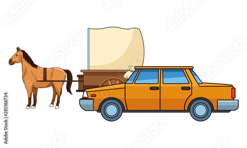 cars and horse carriages vehicles