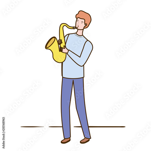 young man with saxophone on white background photo