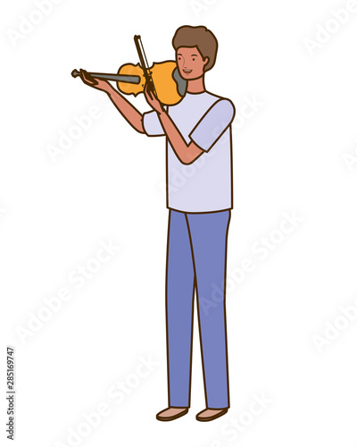 young man with fiddle on white background