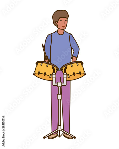 young man with timpani on white background