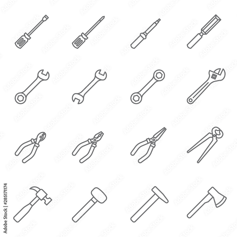 Mechanic tool, tool construction, hand tool, craft tool, DIY tool icon set with white background. Thin Line Style stock vector. Mechanic tool, tool construction, hand tool, craft tool, DIY tool icon set with white background. Thin Line Style stock vector.
