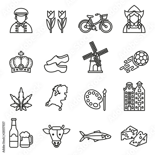 netherlands symbols and dutch culture icons set on white background. Line style stock vector. photo