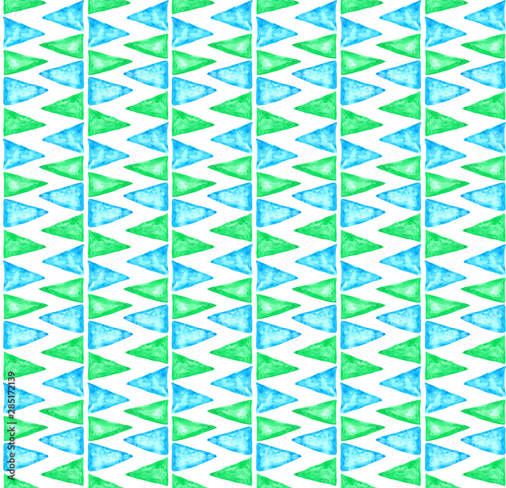 Watercolor blue green turquoise seamless geometric pattern on white background. Hand drawn colorful triangles endless overlapping borders. Bright decoration garland for birthday party. Wrapping paper Watercolor blue green turquoise seamless geometric pattern on white background. Hand drawn colorful triangles endless overlapping borders. Bright decoration garland for birthday party. Wrapping paper