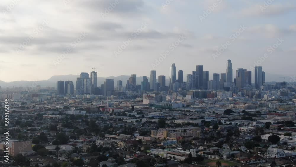 Drone shot overlooking downtown la and dodger stadium. Drone shot overlooking downtown la and dodger stadium.