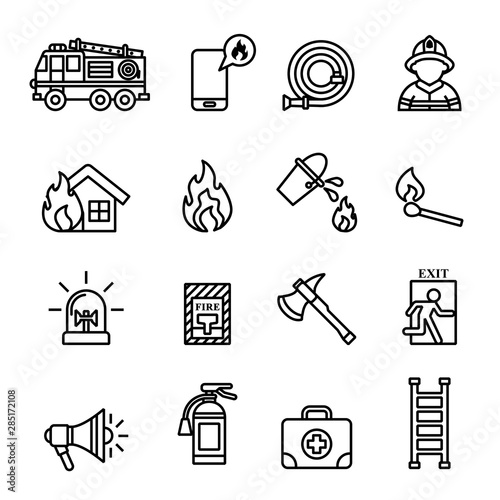 Firefighter, Fire Emergency icons set. Line Style stock vector.