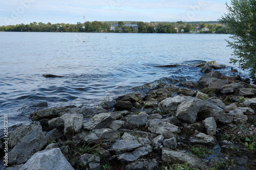 Large stones on the river bank. Nature.