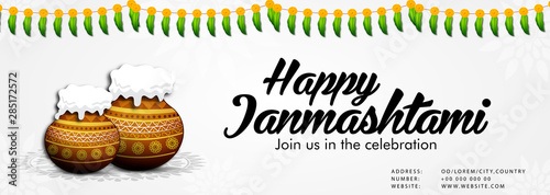 illustration of Lord Krishna playing dahi handi in Happy Janmashtami festival background of India