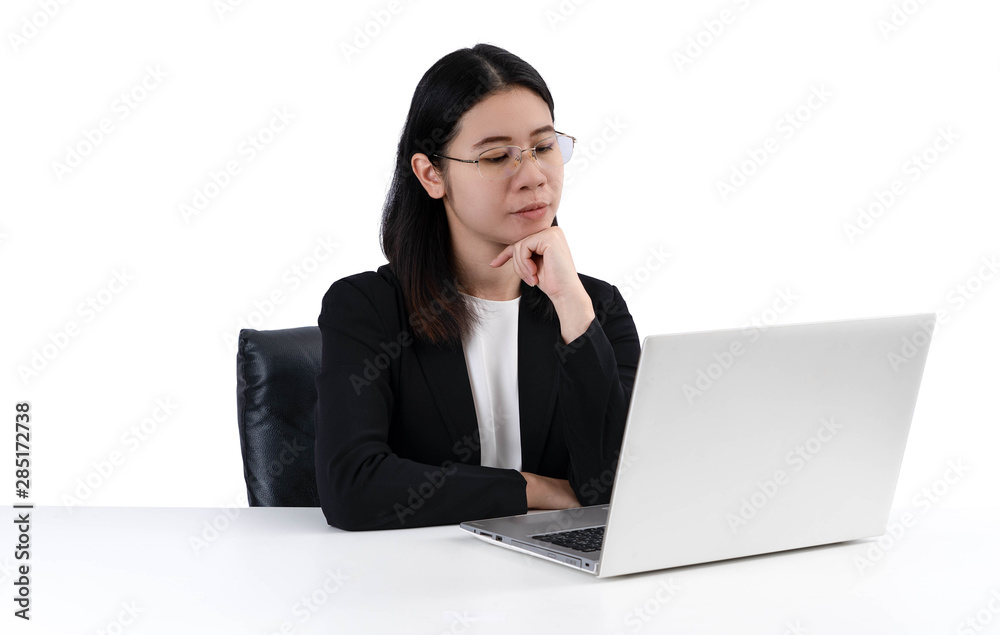 Businesswoman working at her office via laptop . isolated white background. Businesswoman working at her office via laptop . isolated white background.