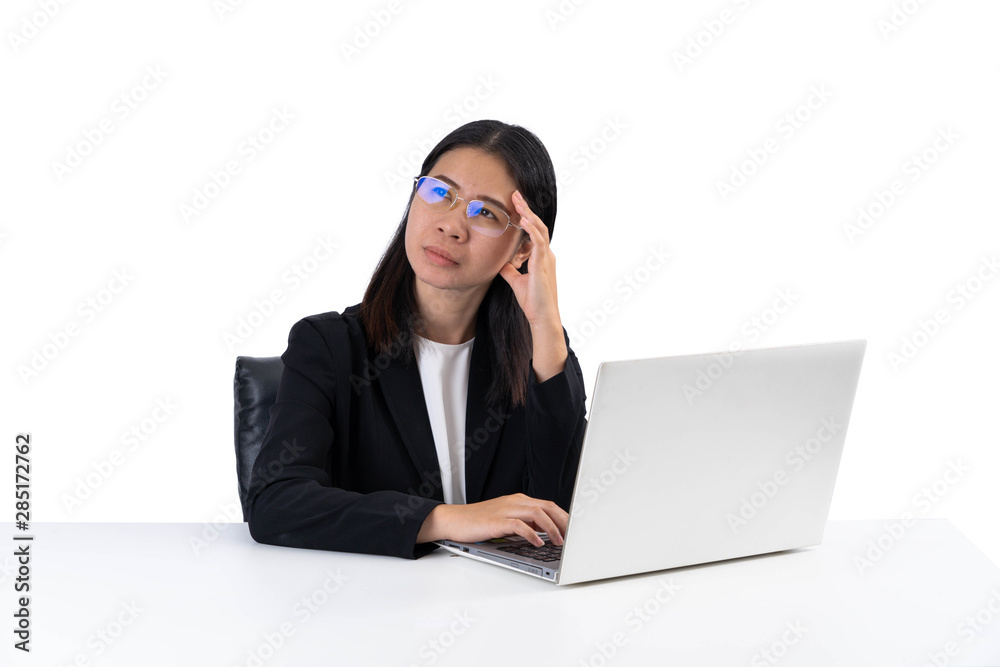 Businesswoman working at her office via laptop . isolated white background. Businesswoman working at her office via laptop . isolated white background.