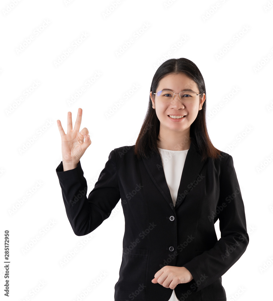 Happy smiling business woman with OK hand isolate and white background. Happy smiling business woman with OK hand isolate and white background.