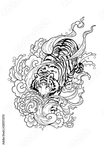 Tiger walk on cloud with windy smoke like walking on haven. doodle drawing design for Oriental Japanese or chanciness  tattoo ornamental vector  with white background