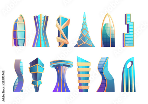 Growing future metropolis city skyline building set. Futuristic skyscrapers buildings downtown with glass windows. Urban architecture cartoon business center vector isolated illustration