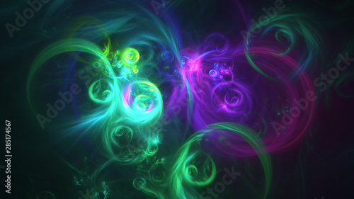 Abstract transparent purple and green crystal shapes. Fantasy light background. Digital fractal art. 3d rendering.