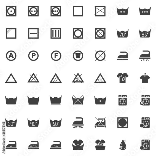 Laundry instruction vector icons set, modern solid symbol collection, filled style pictogram pack. Signs, logo illustration. Set includes icons as washing machine, low heat wash time, iron, drip dry