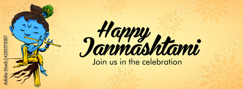 illustration of Lord Krishna playing dahi handi in Happy Janmashtami festival background of India