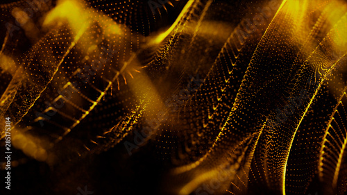 Organic moving, abstract background with gold particles and luxurious sparkling wave particle.