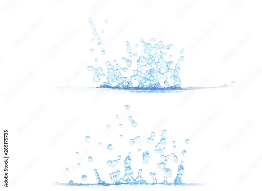 3D illustration of 2 side views of nice water splash - mockup isolated on white, for design purposes 3D illustration of 2 side views of nice water splash - mockup isolated on white, for design purposes