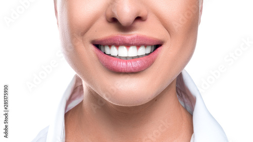 Close up photo of a woman smile on white background.