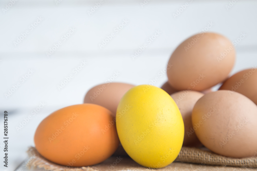 Eggs chicken on white wood background Eggs chicken on white wood background