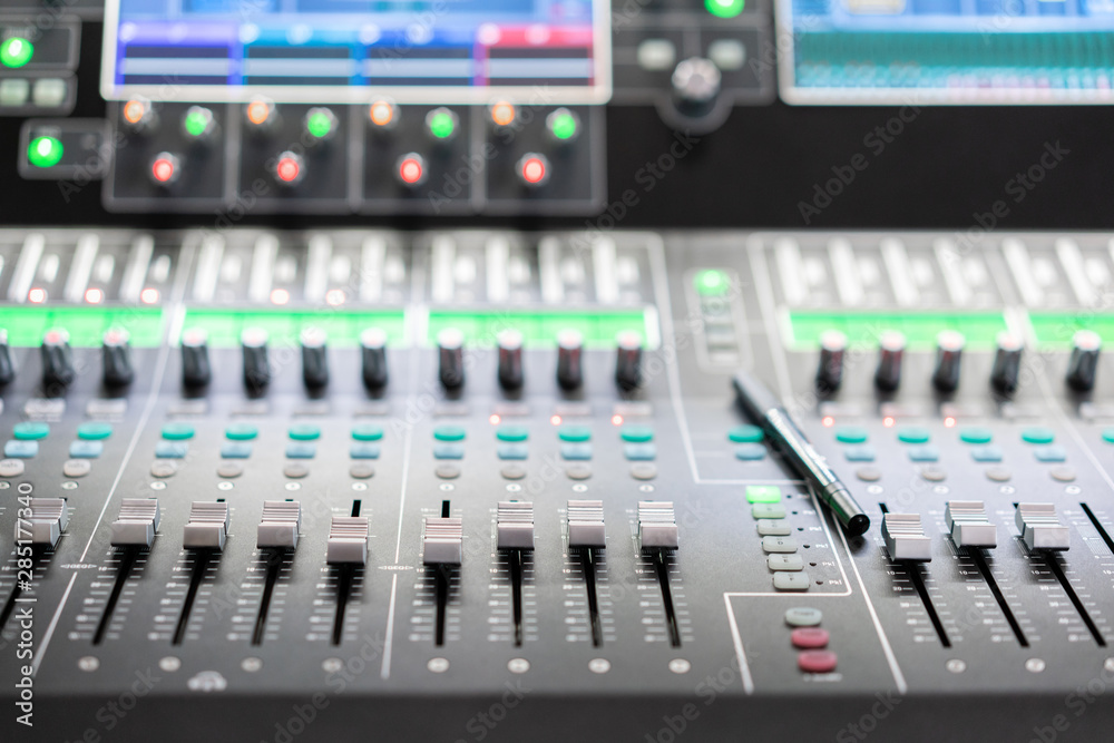 Music mixer equalizer console for mixer control sound device. Sound technician audio mixer equalizer control. Mastering For Radio and TV Broadcast.