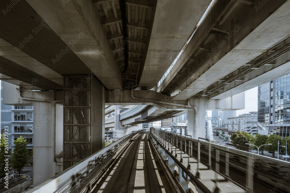 Cityscape from monorail sky train in Tokyo