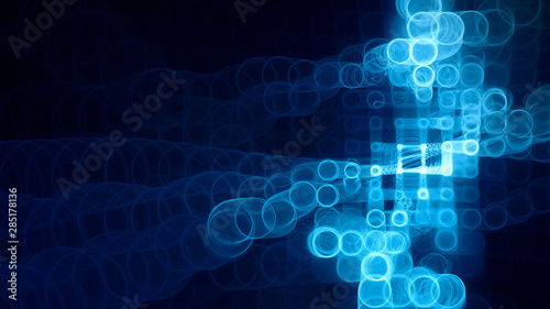 Abstract background element. Fractal graphics 3d illustration. Wide format composition of grid cells and circles. Information technology concept.