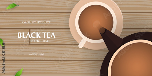 Tea Ceremony with cup and teapot. Green tea banner with leaves and wooden background.