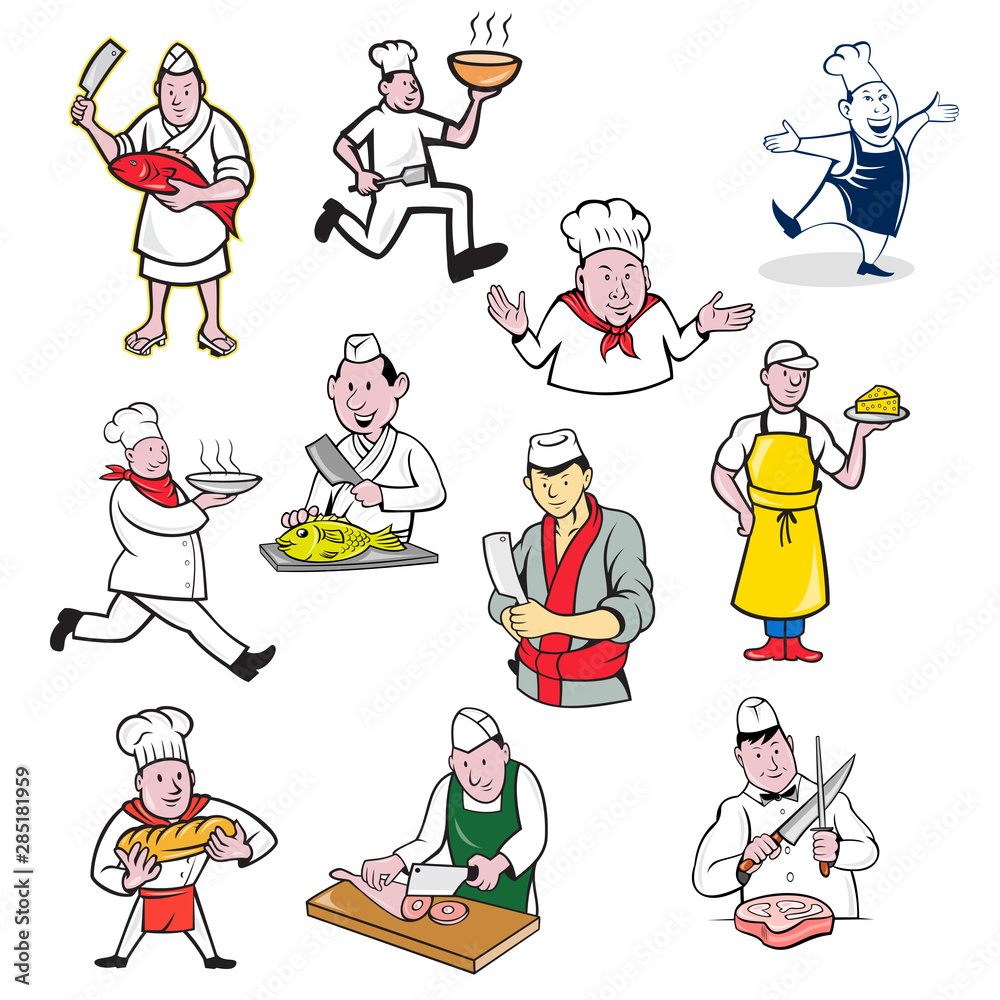 Set or collection of cartoon character mascot style illustration of food worker such as chef, cook, baker, cheesemaker, fishmonger or butcher full body or bust on isolated white background. Set or collection of cartoon character mascot style illustration of food worker such as chef, cook, baker, cheesemaker, fishmonger or butcher full body or bust on isolated white background.