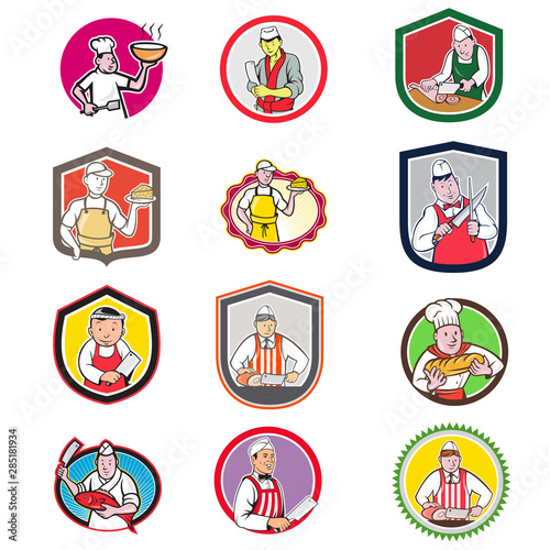 Set or collection of cartoon character mascot style illustration of food worker such as chef, cook, baker, cheesemaker, fishmonger or butcher set in circle, crest or shield isolated white background.