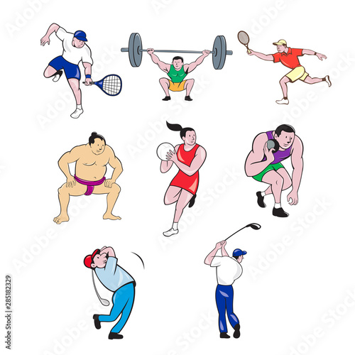 Set or collection of cartoon character sport mascot style illustration of a sumo wrestler, tennis player, weightlifter, netball player, shotput and golfer on isolated white background.