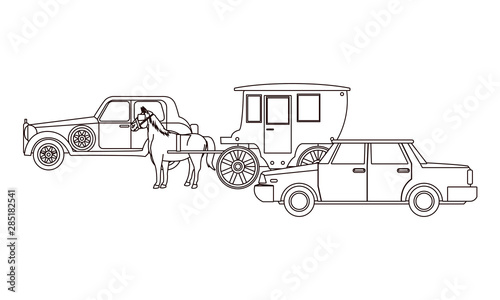 Classic cars and horse carriages vehicles in black and white