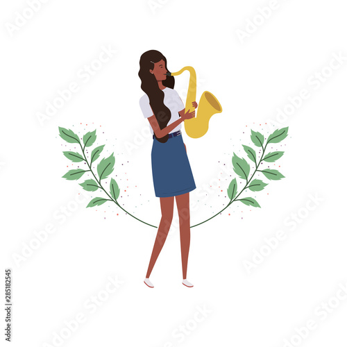 woman with saxophone and branches and leaves in the background