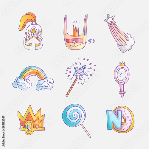 Set of princess and little girls cute fashion icon. Lovely vector set of hand drawn princess elements - mirror for little princess, crown, sweets, rainbow and falling star. Cute colored icon for