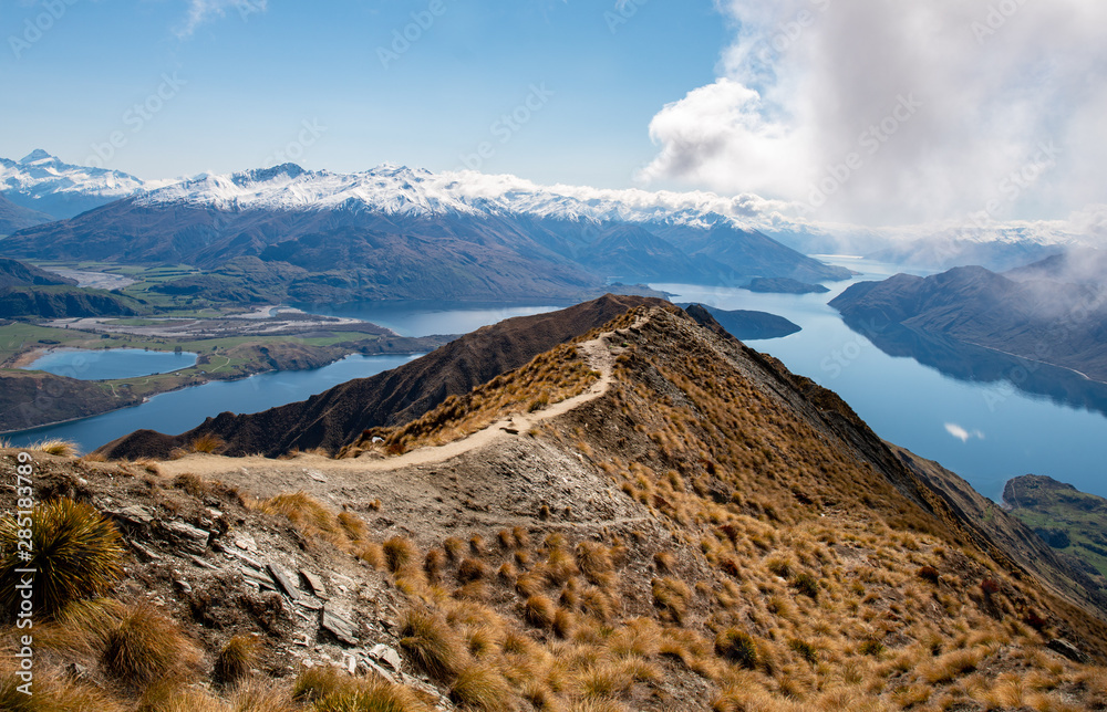 Beautiful panoramic Lake and Southern Alps scenery from the top of Roy's Peak Wanaka