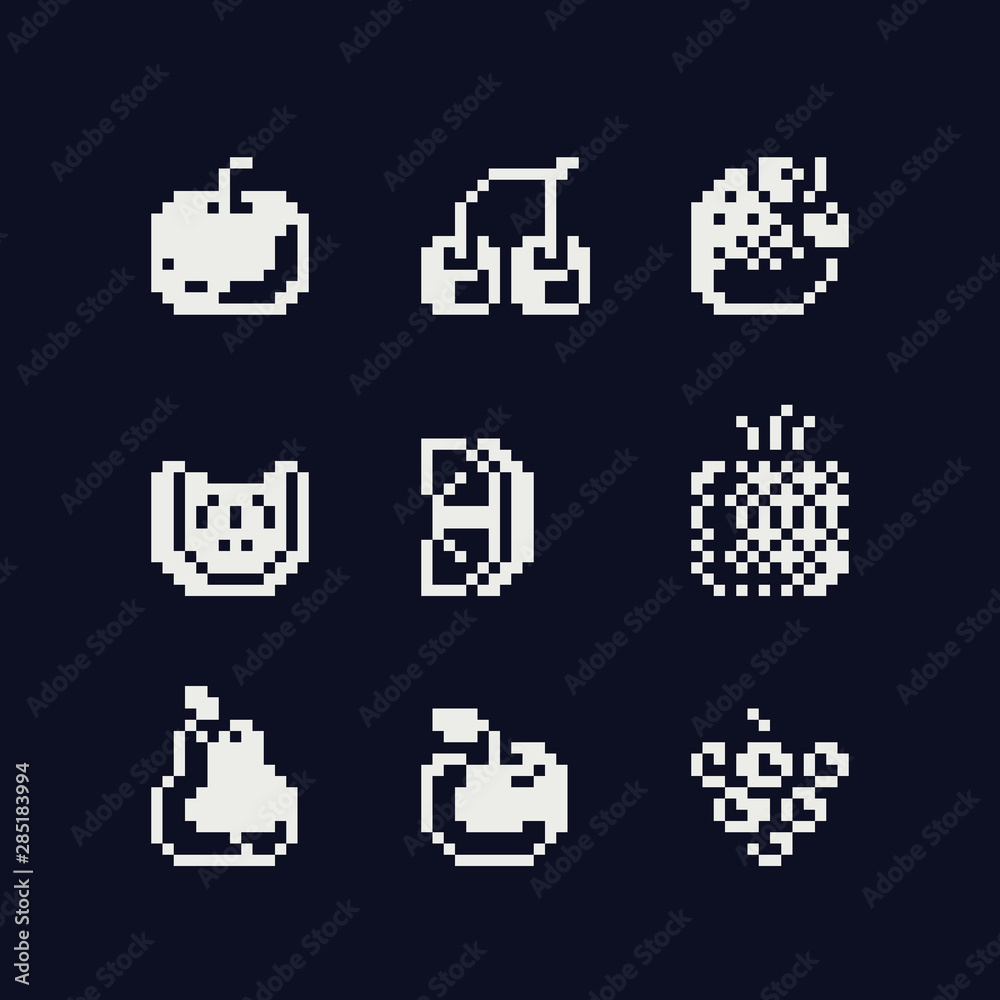 Black and white pixel art 1-bit fruits icons set, strawberries, pear, watermelon, grapes, banana, pineapple and cherry. Design for logo, sticker and mobile app. Isolated vector illustration. Black and white pixel art 1-bit fruits icons set, strawberries, pear, watermelon, grapes, banana, pineapple and cherry. Design for logo, sticker and mobile app. Isolated vector illustration.