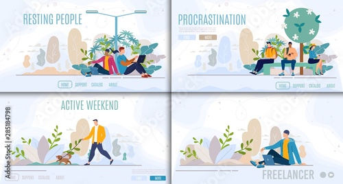 Freelance Work, Rest in Park Vector Websites Set