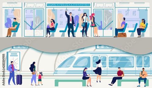 Passengers Going on Subway Train Flat Vector