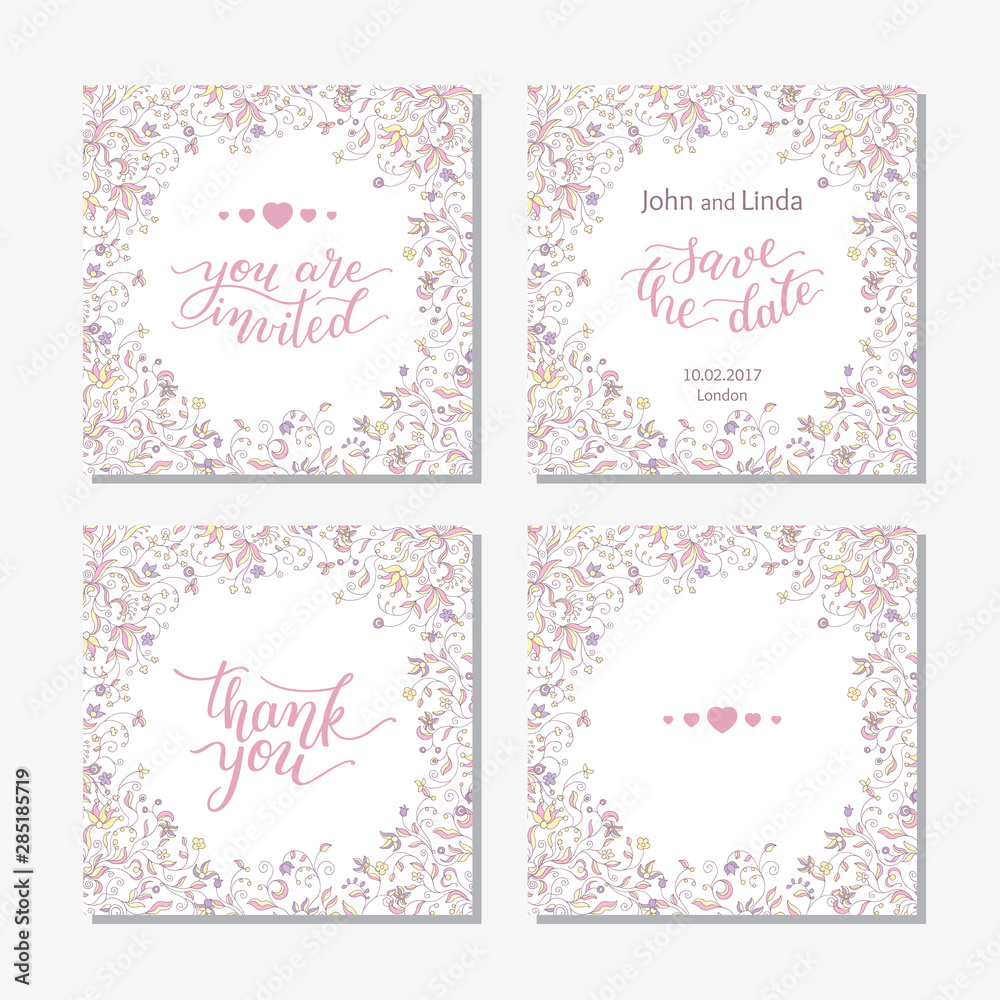 Wedding set template with flowers and hand lettering. You are invited, thank you, save the date.