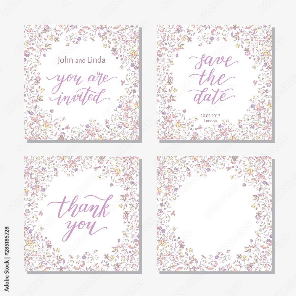 Wedding set template with flowers and hand lettering. You are invited, thank you, save the date.