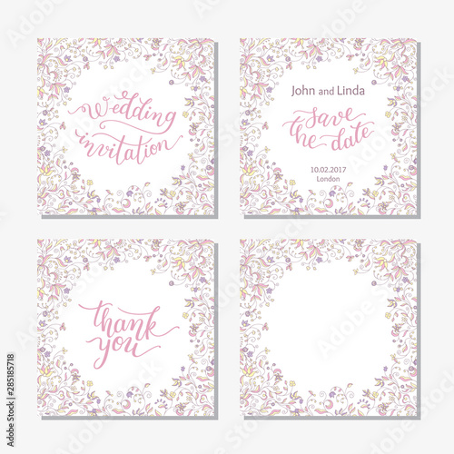 Wedding set template with flowers and hand lettering. Wedding invitation, thank you, save the date.