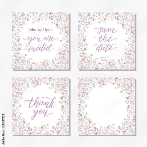 Wedding set template with flowers and hand lettering. You are invited, thank you, save the date.