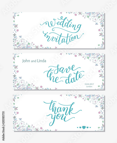 Wedding set template with flowers and hand lettering. Wedding invitation  thank you  save the date.
