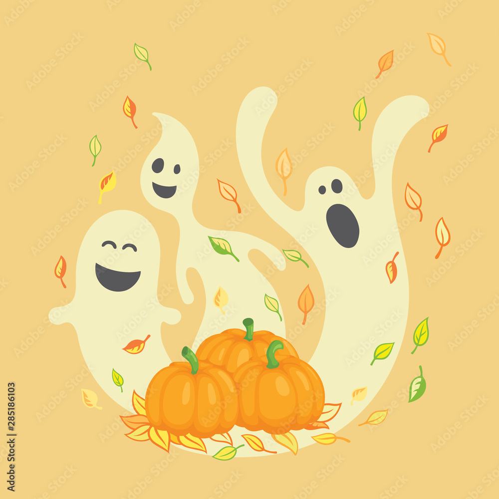 Illustration for Halloween. Pumpkins, ghosts and autumn leaves.
