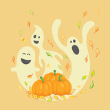 Illustration for Halloween. Pumpkins, ghosts and autumn leaves.