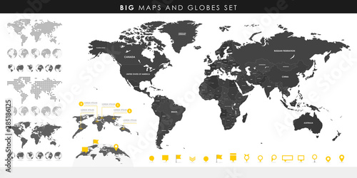 Fototapeta Naklejka Na Ścianę i Meble -  Big set of High Detailed Maps and Globes. Pins collection. Different effects. World Map and infograpchic elements. Political countries World Map. Vector illustration