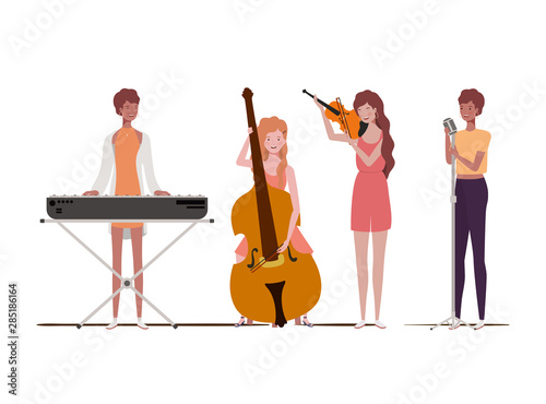 women with musicals instruments on white background