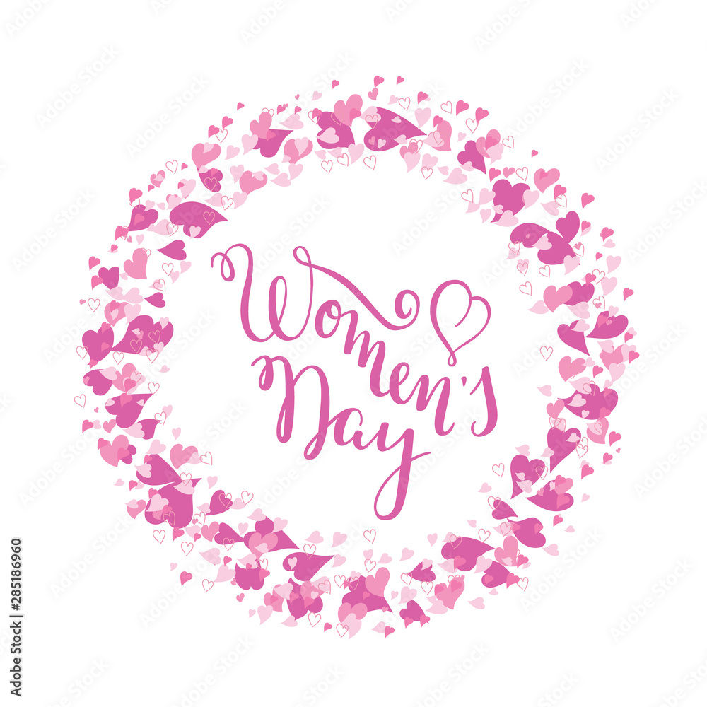 Hand Women's Day lettering with hearts. International Women's Day. Template greeting card, poster.