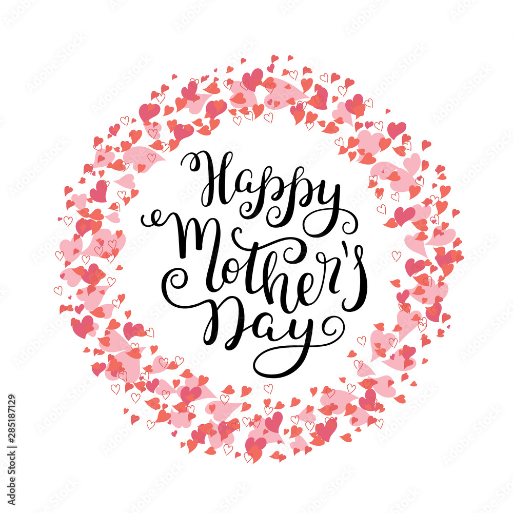 Hand lettering Happy Mother's Day with hearts. Template greeting card, poster.