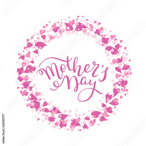 Hand lettering Mother's Day with hearts. Template greeting card, poster.