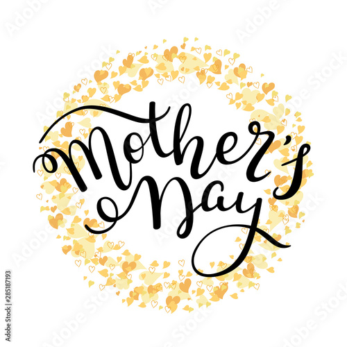 Hand lettering Mother's Day with hearts. Template greeting card, poster.